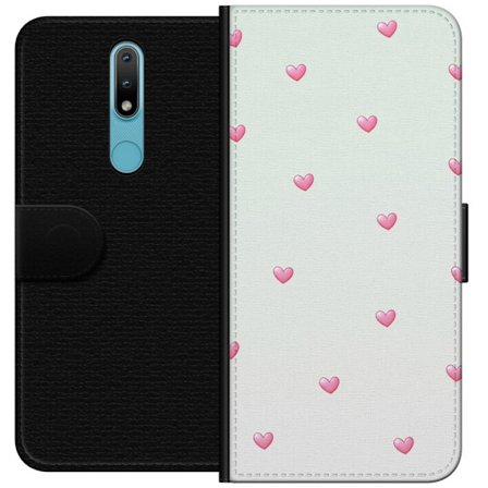Yhteensopiva Lompakkokotelo Nokia Nokia 2.4 Minimalistinen kuvio vaaleanpunaisilla sydämillä vaalealla taustalla, suloinen ja yksinkertainen muotoil