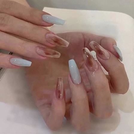 Långa Tryck på Naglar, Gradient Glansiga Falska Naglar, Blommande Ombre Kistformade Lösnaglar, Ballerina Lim på Naglar Full Täckning Akrylnaglar för 