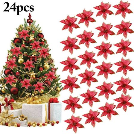 Artificial Poinsettia Flowers, Glitter Christmas Tree Decorations, Easy Decor Glitter Poinsettia for Christmas Wreath Wedding Christmas Tree