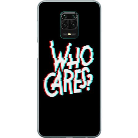 Kompatibel Mobilcover til Xiaomi Redmi Note 9 Pro Glitchtypografi med teksten "who cares" i rødt og cyan på en sort minimalistisk baggrund.