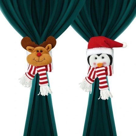 2-pack curtain tiebacks, Christmas-themed cartoon style, plush cartoon doll buckles (elk + penguin), children's room decoration