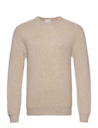Man O-Neck Ribbed Sweater Stickad Tröja M. Rund Krage Beige Davida Cashmere