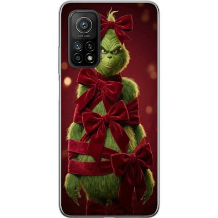 Kompatibel Mobilcover til Xiaomi Xiaomi Mi 10T 5G Grinch-figuren dekoreret med røde velourbånd i en festlig studieindstilling med legende og humoris