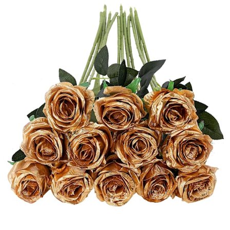 12 stk. kunstige roser, 19,68'' enkelt lang stilk falsk rose silke brudebuket realistisk blomst til hjem havefest (blomstrende roser, guld)