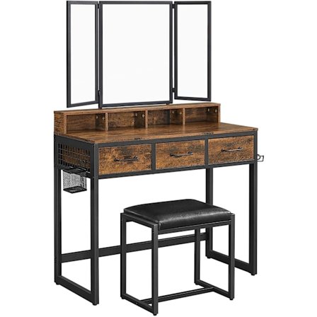 Rootz Toiletbord - Sæt - Make-up bord - 3-delt - Foldespejl - Hårtørrerholder - Kosmetikbord - Polstret skammel - 3 skuffer - Industriel - Brun - Sort