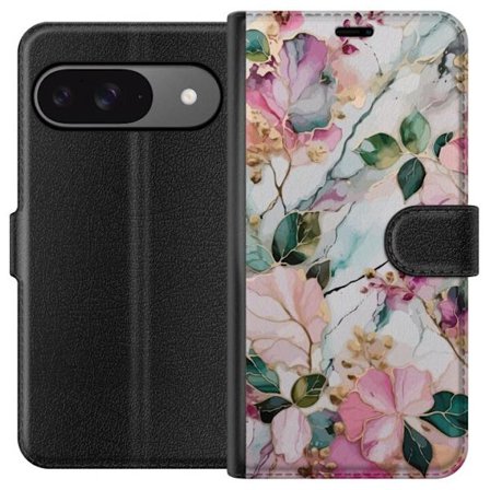 Yhteensopiva Lompakkokotelo Google Pixel 9 Pro Abstrakti marmorikuvio kukilla, lehdillä ja kultaisilla yksityiskohdilla pehmeissä pastellisävyissä
