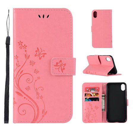 Kotelo Samsung A55 5G pinkki Kortti Flip Nahka Perhonen Kohokuvioitu