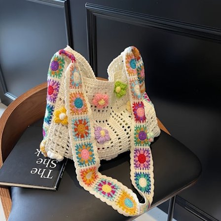 1 stk. Boheme Vintage Hæklet Blomstret Crossbody Taske - Beige Stof, Intet Lukningsdesign