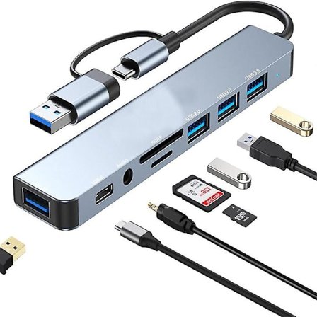 USB-C Hub 3.0, 8-i-2 USB Hub 3.0 Multiportadapter med SD- & TF-kortlæser, USB 3.0- & USB 2.0-porte, 100 W PD, 3,5 mm lydporte, USB Type C Hub