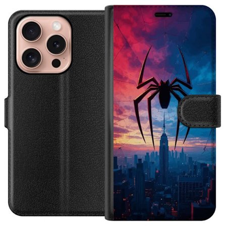 Yhteensopiva Lompakkokotelo Apple Apple iPhone 16 Pro Tyylikäs hämähäkki kaupungin horisontin yläpuolella dramaattisessa auringonlaskussa, graafi