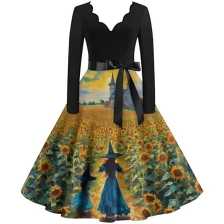 BTBDYDH Halloween Klänning Retro Långärmad V-ringad Klänning Utsvängd Vintage Hepburn Klänningar Pumpa Fladdermus Häxa Tryckt Cosplay Party Kostym 
