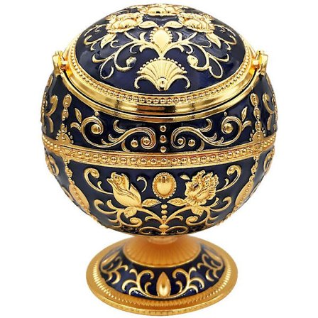 Retro vindskyddad askkopp med lock - Retro blommönster skrivbordsaskkopp (blå + guld)