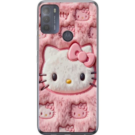 Kompatibel Mobilcover til Motorola Moto G50 Hello Kitty lyserød fluffy baggrund med ikonisk ansigt og kawaii-æstetik