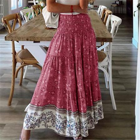 Boho Casual Print Maxikjol Dam Sommar Sexig High Waist Kjol