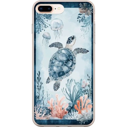 Yhteensopiva Puhelinkuori Apple iPhone 7 Plus Akvarellimaalaus merikilpikonna korallien ja meduusojen joukossa rauhallisessa sinisessä vedenalaisessa