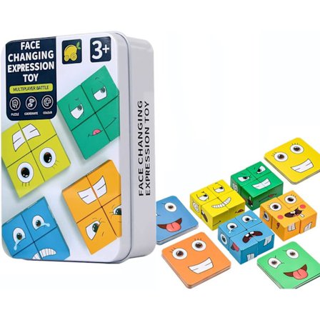 Trekube med ansiktsbytte - Uttrykkssammenkobling, blokkpuslespill, byggespill, logisk pedagogisk trening, leker, bursdagsgave