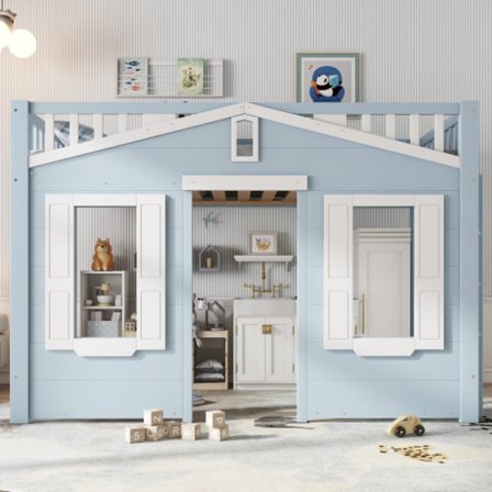 Loftsäng 90x200 cm blå med öppet utrymme under – fönsterdesign, säker stege, furu/MDF