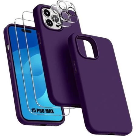 Cover til iPhone 15 Pro Max - Mørk lilla TPU-beskyttelse + 2 hærdede briller og 2 bagkamerabeskyttelse