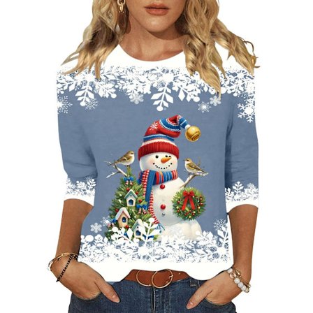 Eksklusiv juleprintet damebluse, vinter trekvartærmet rundhalset T-shirt top