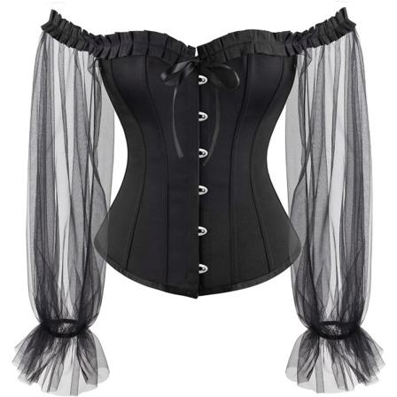 MMUO Damkorsett Topp med Spetsärm Spets Upp Sexig Bustier Lingerie Midjetränare Kostym Toppar Svart Volang Lo X-Small