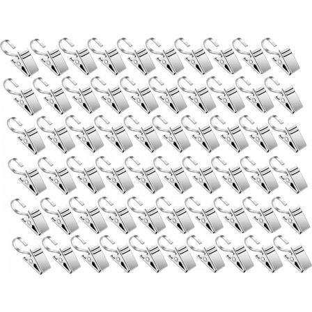 Gardinkroge med clips - 60 stk. sæt - Metalkroge - Gardinkroge til kabelclips - Gardinclips med kroge - Bruseforhæng