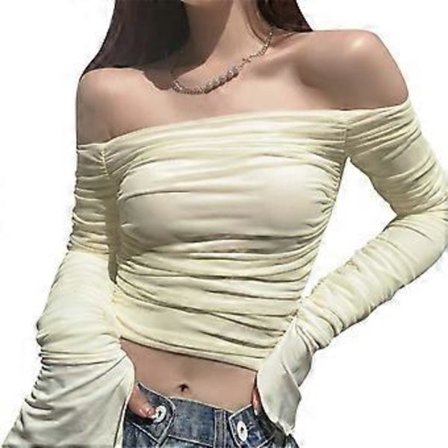 Dame Rynket Mesh Off Shoulder Langermet T-skjorte Topp Sexy Slim Fit Bluse Gul M(M Gul)