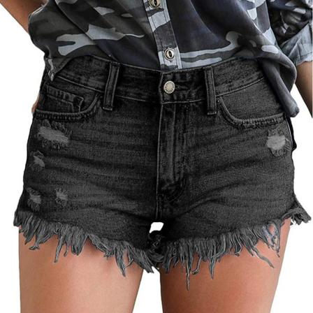 Kvinners Casual Denim Shorts Frayed Raw Hem Ripped Jeans Shorts --- Svart Grå(Størrelse S)