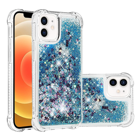 iPhone 12 Cover - Glimmerende Flydende Transparent Glimtende Krystalklar Flydende Kviksand TPU Silikon - Blå