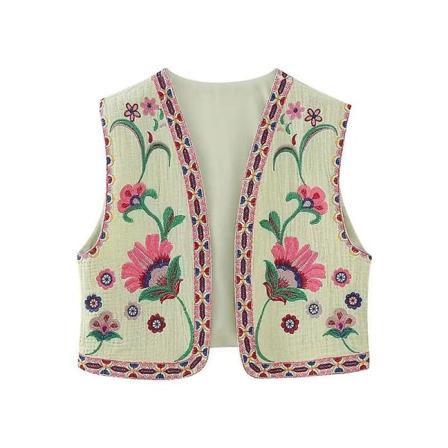 Kvinnor Vintage Blommor Broderad Öppen väst Dam National Style Väst Jacka Outfits Casual Vacation Crop Top Style-3 S