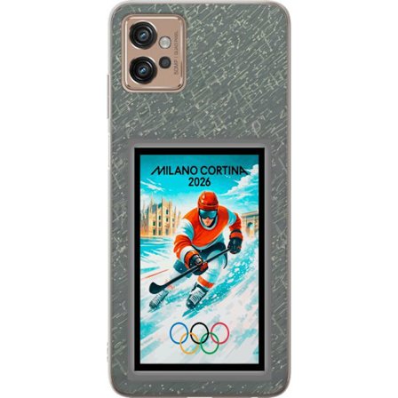Yhteensopiva Puhelinkuori Motorola Moto G32 Curlingkuvitus pelaajilla ja kivillä jäällä, Milano Cortina 2026, lumisia roiskeita ja olympiasormukset