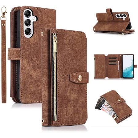 Wallet Case til Samsung Galaxy S24 5G, 9 Kortpladser, med Håndrem, Kortpladser, Lynlåslomme, Støttefod, Magnetisk Lukning - Brun