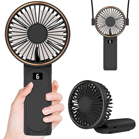Bärbar Handhållen Fläkt, Uppladdningsbar Personlig Fläkt med 4000mAh Batteri, 180° Justerbar, 6 Vindhastigheter, Realtidsvisning av Effekt (Svart)