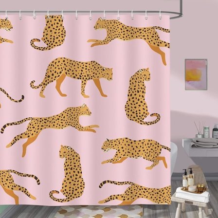 Tropisk Pink Leopard Bruseforhæng Dyr Badeforhæng Polyester Stof Anti Skimmel Vandtæt Vaskbart Badeværelsesforhæng 180 x 180 cm med 12 Kroge