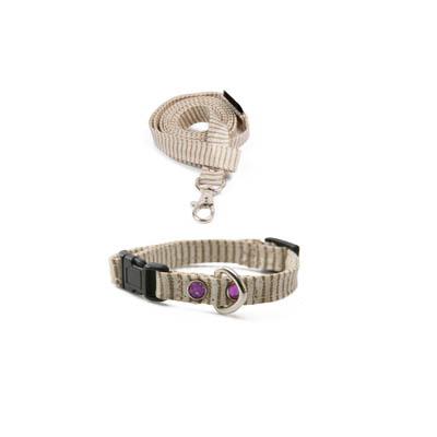 Puppy Angel - Original Randigt Halsband + Koppel Beige - Hundkoppel- För stora hundar