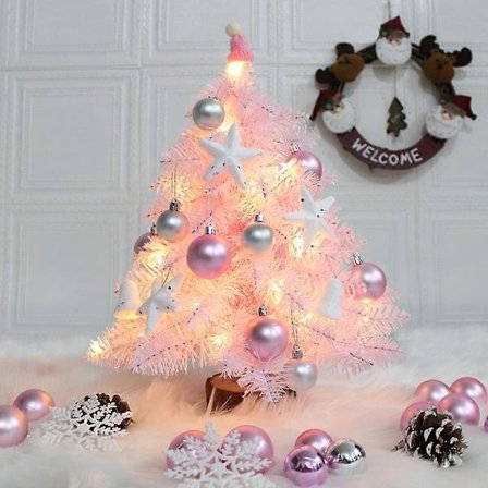 Konstgjord rosa julgran med julgranskulor och LED-lampor, Mini julgran för juldekorationer, Hem, Matbord (45 cm) (Rosa)
