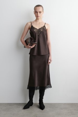 COS Women's Lace Trimmed Satin Midi Skirt in Brown
