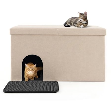 COSTWAY Cat Toilet House - Flip Lock, Anti-Odor Kolfilter - Kattsandlåda möbel - Beige