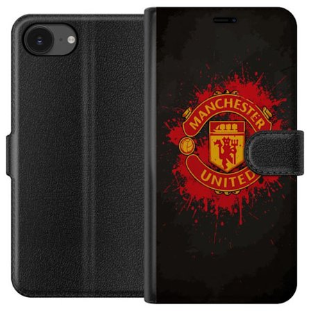 Kompatibelt Lommeboketui til Apple Apple iPhone 16e Manchester United logo i rød og gul farge med røff sportslig bakgrunn