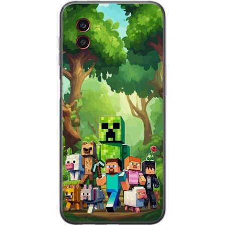 Kompatibel Mobilcover til Samsung Galaxy Xcover6 Pro Klodset pixeleret spilverden med grønne figurer og dyr i frodig skovmiljø