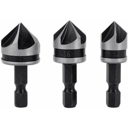 3 stk. 1/4" Hex HCS forsenkerbit 5 Fløyte Forsenker Bor Forsenkerbit 12mm/16mm/19mm For Tre Metall