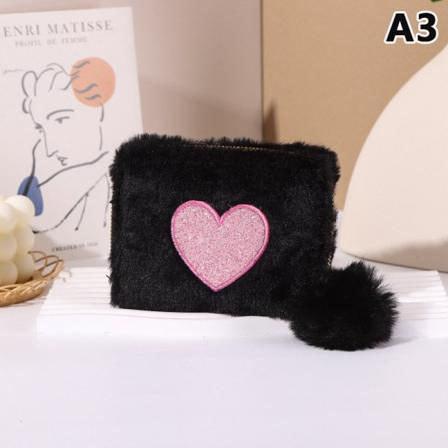 Plysj myntveske Hjerte Brodert glidelås Kort lommebok C A3