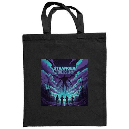 Stoffpose Stranger Things-inspirert fantasyillustrasjon med mørkt monster, syklende barn og dramatisk rød himmel perfekt som plakat eller mobildeksel