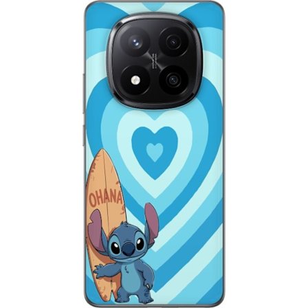 Kompatibelt Mobildeksel til Xiaomi Redmi Note 14 Pro+ Spretten tegnet illustrasjon av Stitch med surfboard og blå hjerter