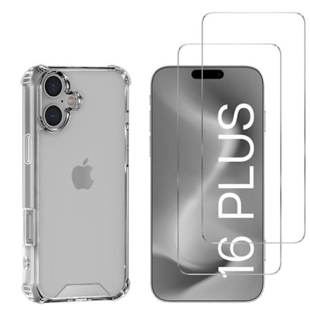 Stødabsorberende cover til iPhone 16 PLUS og 2 hærdede glas skærmbeskyttelsesfilm Phonillico