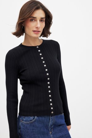 NA-KD Knitted Button Detail Top - Strikkede toppe - Sort - XS