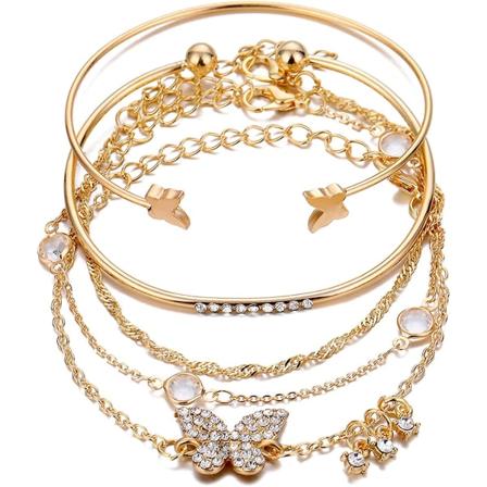 Lagdelt stabelbar lenkekjede sommerfugl honningkake armbånd bangle sett bohemsk binders rhinestone perle for kvinner jente tenåring 14k gullbelagt dyr