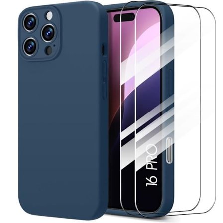 Skal till iPhone 16 Pro - Marinblå flytande silikonskydd + 2 härdade glasögon