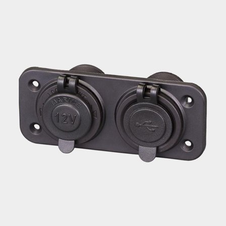 Tomada USB + tomada de isqueiro 1852-Marine, embutida, preta, 12 V, USB-A + USB-A, com tampa