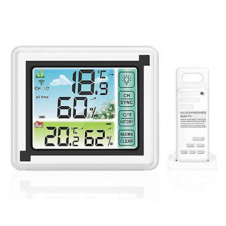 Trådløs værstasjon med utendørssensor, digitalt termometer og hygrometer, justerbar bakgrunnsbelysning og stor LCD-skjerm.