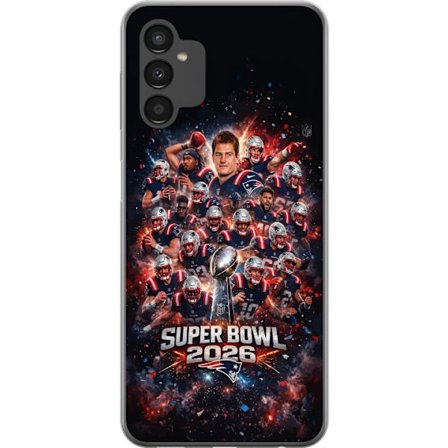 Yhteensopiva Puhelinkuori Samsung Galaxy A04s Super Bowl 2026 juliste, jossa New England Patriots ja NFL-mestaruuspalkinto räjähtävän urheilullisessa